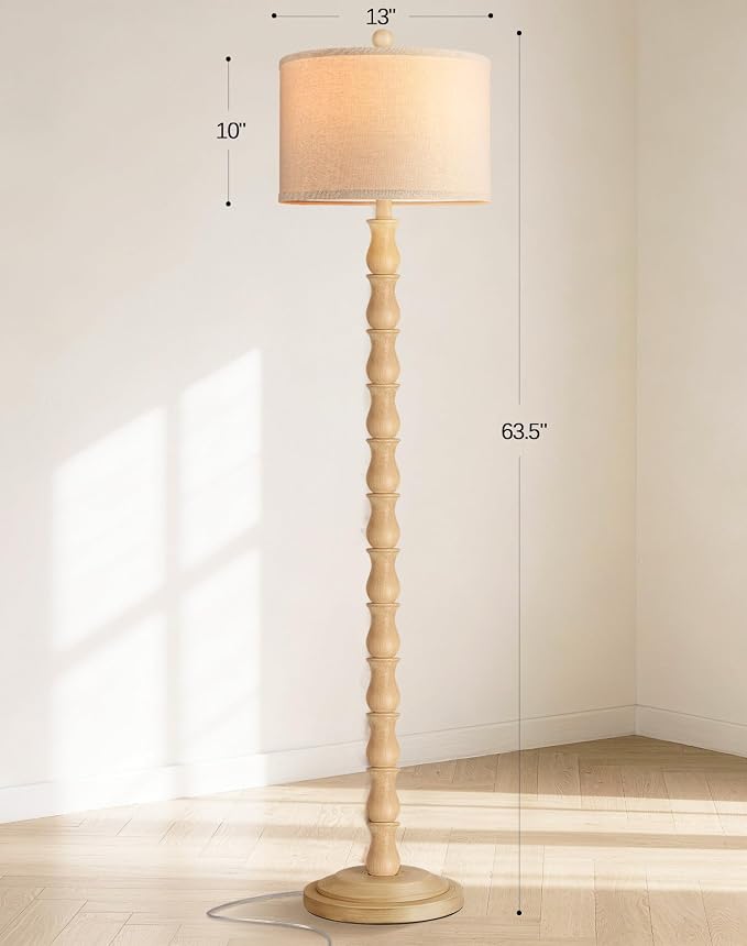 63.5" Rustic Floor Lamp for Living Room, Farmhouse Floor Lamp with Rotary Switch & Linen Shade, Vintage Resin Tall Standing Lamp for Bedroom Corner Office Home Decor, Cream (LED Bulb Included)