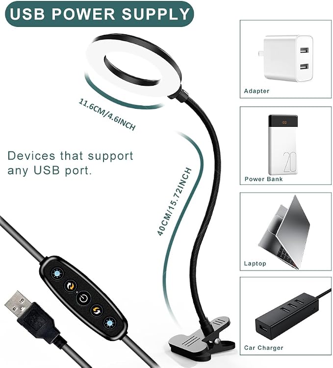 LED Desk Lamp with Clamp, 3 Color Modes, 10 Brightness | Eye-Caring Reading Light, Flexible Gooseneck, USB Powered, Dimmable, Clip On Design