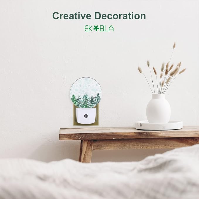 EKOBLA Winter Pine Trees Woodland Night Light Snow Falling Snowflakes Green Woods Plug-in Nightlights Auto Sensor LED for Men Women Boys Girls Christmas Holiday Gift