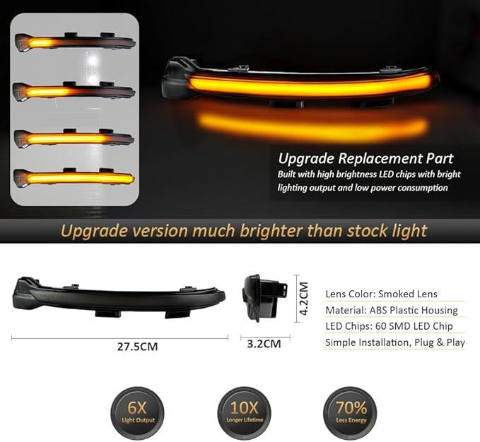 D-Lumina Sequential LED Side Mirror Turn Signal Lights Smoked Lens for VW Golf 7 MK7 MK7.5 7.5 VII GTI R GTD Jetta Sportsvan Touran, Dynamic Indicator Mirror Marker Blinker Light Lamp, Pack of 2