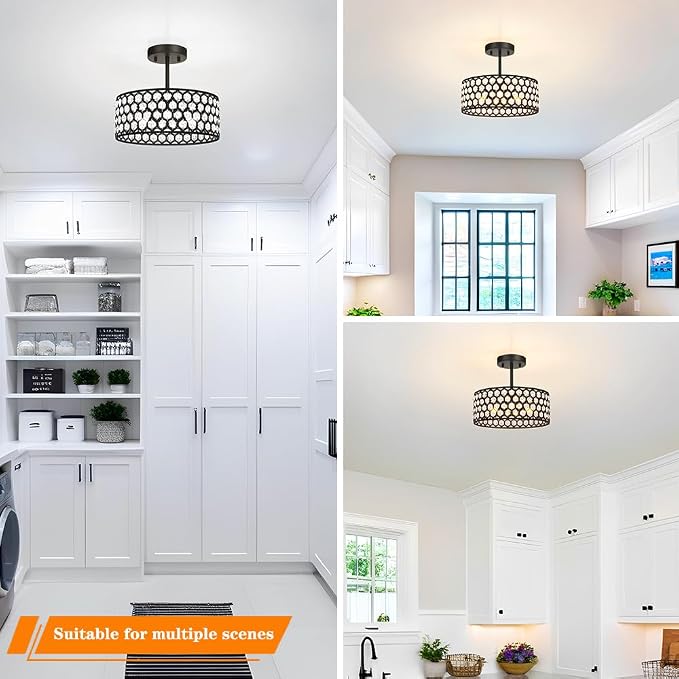 Lxybcce Black Crystal Ceiling Light Fixture - Modern Semi Flush Mount Ceiling Light for Hallway, Kitchen Lighting Fixtures Ceiling, Dazzling Prism Chandelier for Foyer Closet Bedroom, 3 Light, 12 in