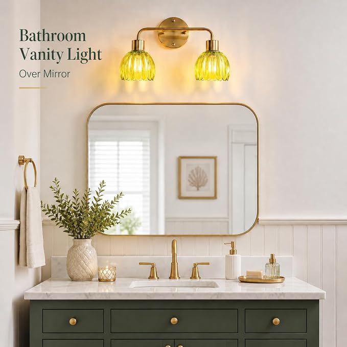2-Light Gold Brass Bathroom Light Fixture,Wall Sconces,Brushed Gold Vanlity Light Over Mirror,Bathroom Vanity Light with Green Glass Flower Shade,E26 Socket(Bulbs Not Included)