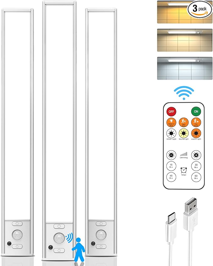 Under Cabinet Lighting with Remote, 12" Motion Sensor Light Indoor, Rechargeable LED Closet Light Wireless, 3 Color Temps & Dimmable, Magnetic Under Counter Lights for Kitchen, Stairs, Pantry, 3 Pack