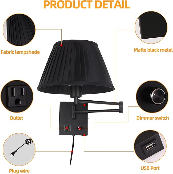 Plug in Wall Sconce 17" Swing Arm Wall Lamp with Plug in Cord and Dimmable Switch Black Sconces Lighting with USB Port and AC Outlet Wall Mounted Lamp Suitable for Bedroom Living Room Hallway.