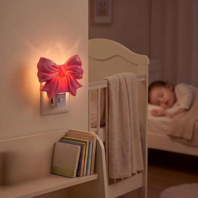 2 Pcs Bow Night Light 3D Wall Nightlight with Manual On/Off Switch Dusk to Dawn Sensor Decorative LED Night Lamp for Bedroom Bathroom Hallway Kids Room Home Decor