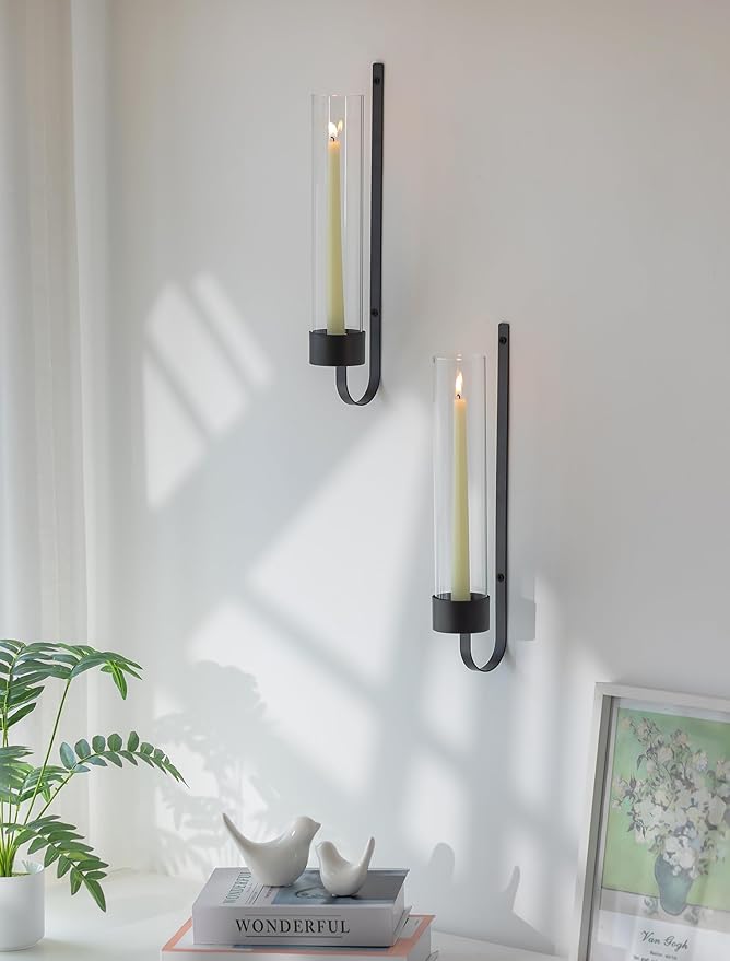 Sziqiqi Black Wall Candle Holders: Metal Candle Sconces for Taper Set of 2 Modern Wall Mounted Candlestick Holder with Hurricane Glass for Living Dining Room Bedroom Bathroom Outdoor