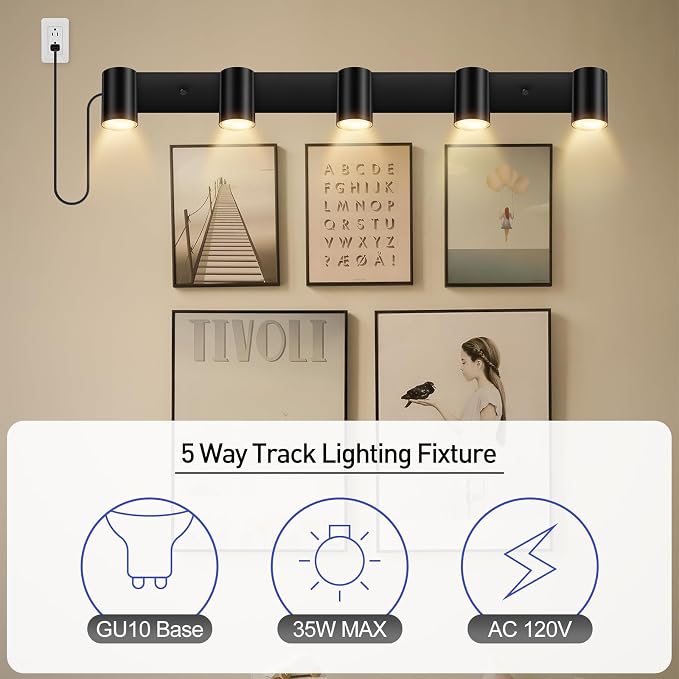 Plug in Track Lighting, LED Track Light Kit, Black 5-Light Track Lights for Kitchen, 15 FT Cord,30" Large Ceiling Spotlight, Rotatable Wall Mount Light Head for Bedroom Hallway Living Room