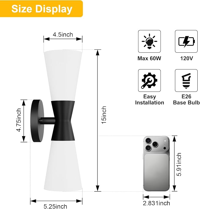 Bathroom Wall Sconce, Modern Indoor Vanity Light Fixtures 15",Up Down Lighting, Wall Mount Lamp for Living Room Bedroom Hallway Stairway Fireplace Mirror E26 Base 1PC White&Black
