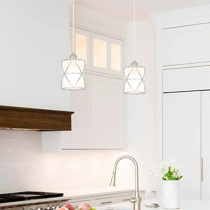 2 Pack Brushed Nickel Pendant Lights for Kitchen Island, Pendant Lights Kitchen Island with 5.51in Frosted Glass Shade, Adjustable Modern Hanging Lights - 59.06 Inch Cord for Dining Room, Entryway