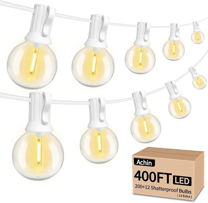 Achin Outdoor String Lights White 400FT(100ft*4) Patio Lights Outdoor Waterproof with 212 LED Bulbs(12 Spare) Shatterproof G40 Globe String Lights for Outside Wedding Backyard, White Wire, 2700K