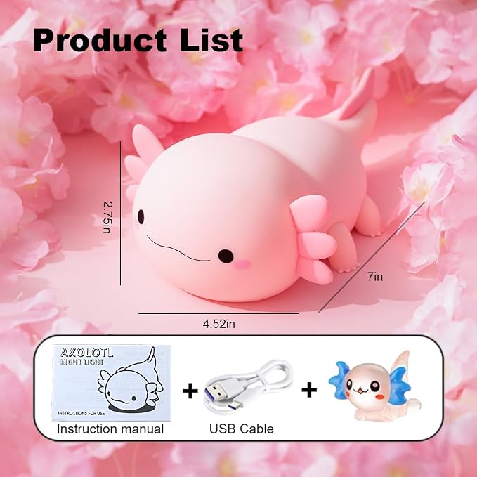 magical JD Axolotl Night Light for Kids Bedroom, Animal Silicone Nursery Night Lamp Touch Dinosaurs Nightlights USB Rechargeable Bedside Lamp for Baby Children Toddlers Girls Gift (Pink Axolotl +1)