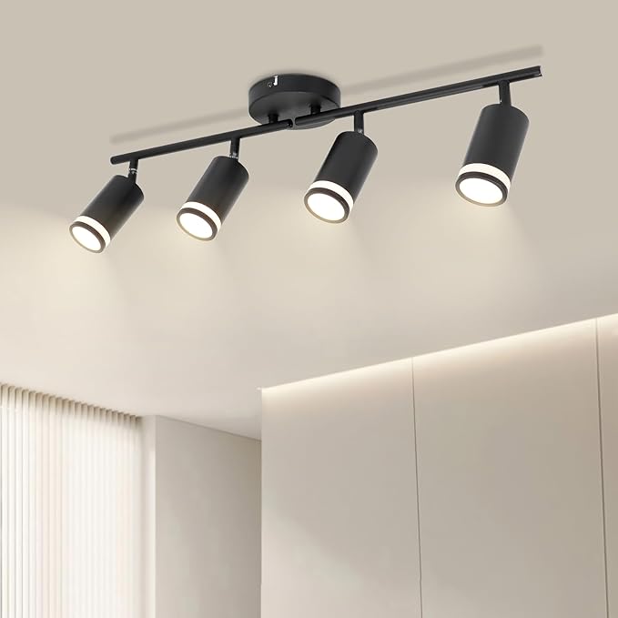 4-Light Track Lighting Fixtures Ceiling, GU10 Black Led Ceiling Spotlight, Modern Track Light Kit for Kitchen Bedroom Living Room