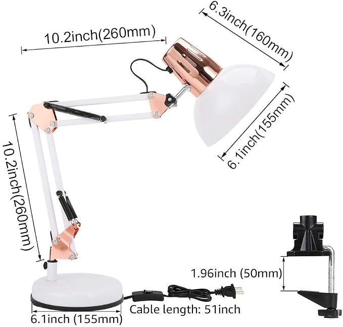 PowerKing Metal Swing Arm Desk Lamps with Base & Clamp, White Rose Gold | Adjustable Architect Lamp, On Off Switch, Fits E26 E27 Bulbs, Eye-Caring Reading Light, for Home Office Work Study