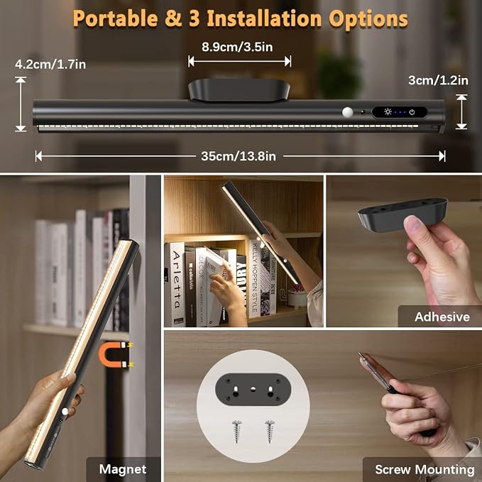 Battery Powered Operated Wall Strip Light with Motion Sensor | LED Light Bar, Rechargeable Magnetic Under Cabinet Lighting Wireless with Remote Control for Desk Mirror Closet Black