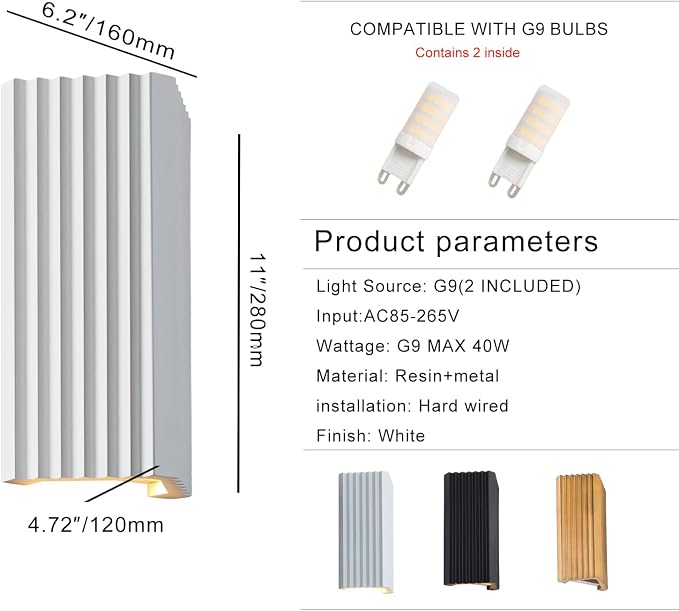 ZEROUNO LED Wall Sconce Indoor Wall Lights, White Hardwired Up and Down Wall Mount Light for Living Room Bedroom Hallway Corridor Stairs Warm White 3000K (with Replacement G9 Bulbs)