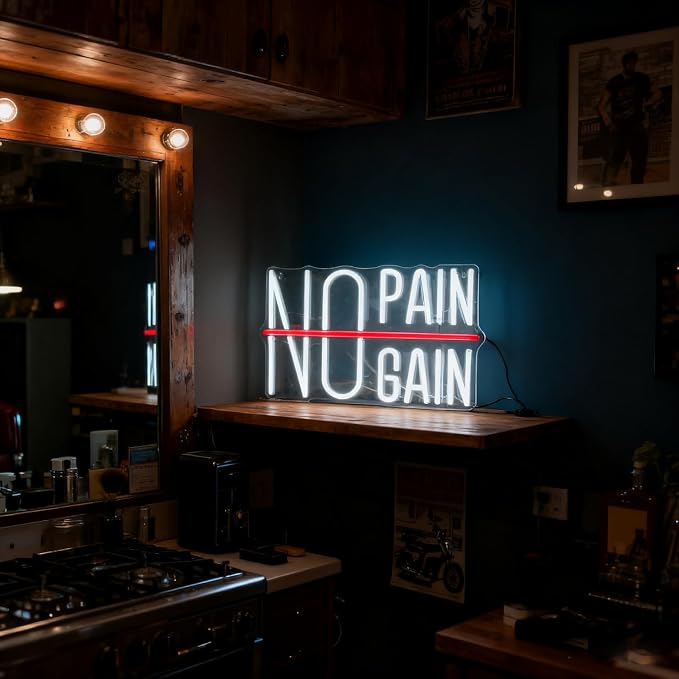 No Pain No Gain Neon Sign, Motivational LED Gym Neon Light | USB Powered Fitness Wall Decor for Home Gym, Workout Room, Man Cave, Garage, Gift for Gym Lovers