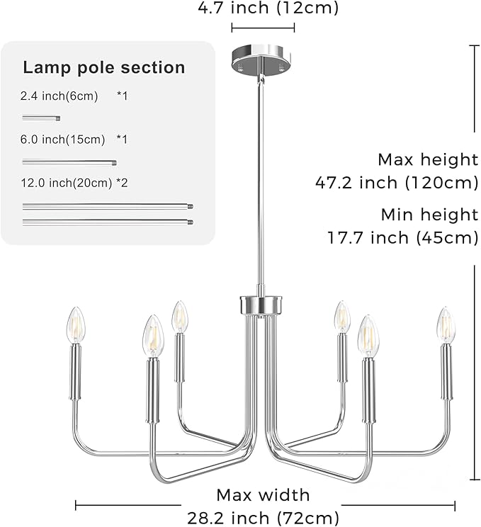 DORESshop Modern Chandelier for Dining Room, 6-Light 28" Chrome Farmhouse Chandelier for Dining Room, Dining Light Fixtures Over Table for Bedroom Hall Kitchen Living Room