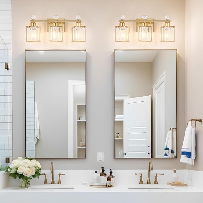 Bathroom Vanity Light Fixture 3-Light - Vanity Lights for Bathroom with Crystal Shade Gold Metal, Easy Install No Drilling Needed, Shadow-Free Illumination for Modern Bathroom Mirror Decor
