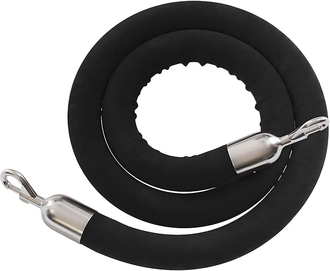 Montour Line Velvet Hanging Stanchion Rope Foam Core, 8 Foot Black Rope with Polished Stainless Steel Snap Ends