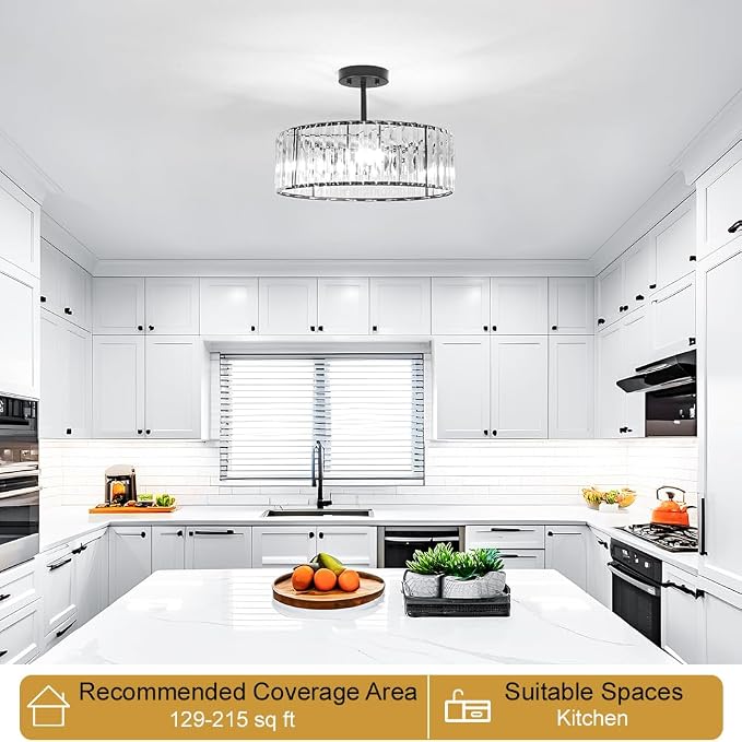 Modern Crystal Ceiling Light Fixture, Semi Flush Mount Ceiling Light, Matte Black Hallway Lighting Fixtures Chandelier, Crystal Chandelier for Kitchen Bedroom Dining Room Closet, 5-Light, 16 Inch