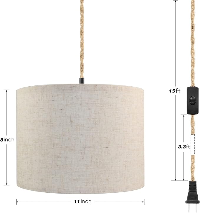 Plug in Pendant Light, Hanging Lights with Plug in Cord, Hanging Lamp with 15ft Hemp Rope, On/Off Switch, Beige Linen Shade, Light Fixture for Bedroom, Living Room, Dining Table 2 Pack