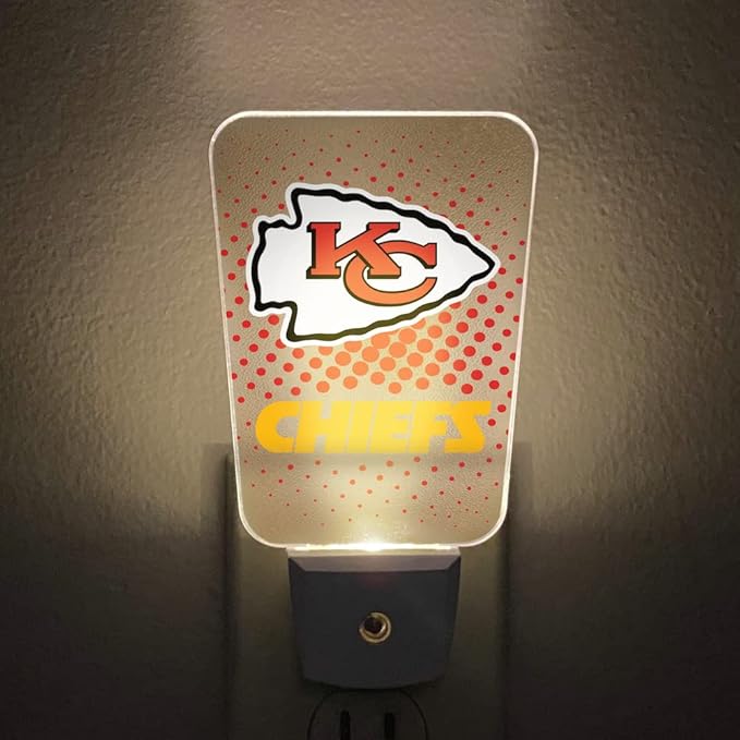 Party Animal NFL Team LED Night Light, with Auto Sensor and 3 Light Settings, Slim 5-Inch Design fits Standard Outlets, Kansas City Chiefs