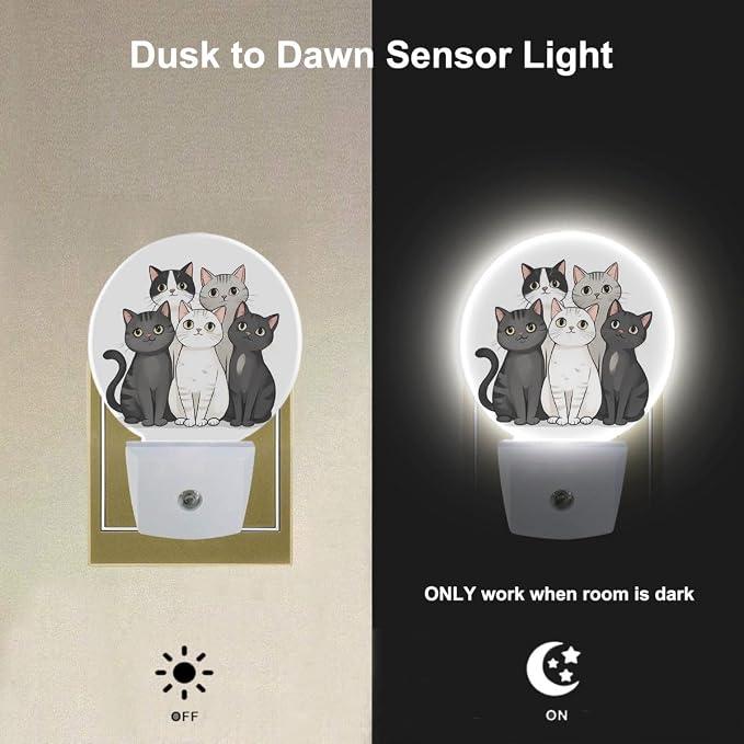 EKOBLA Cute Cat Night Light, Gray, Black and White Kitten Night Lights Plug Into Wall with Dusk to Dawn Sensor for Boys, Girls and Bedroom Decor