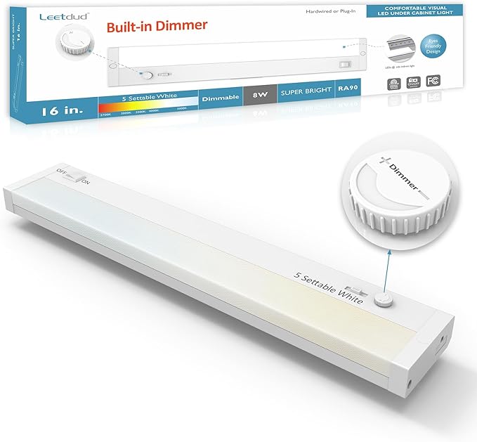 Under Cabinet Lights Plug in or Hardwired Built-in Dimmer, 16 Inch 8W, 5CCT 2700K-5000K, Linkable Undercounter Lighting for Kitchen, ETL Dimmable LED Undercabient Light Fixture, White