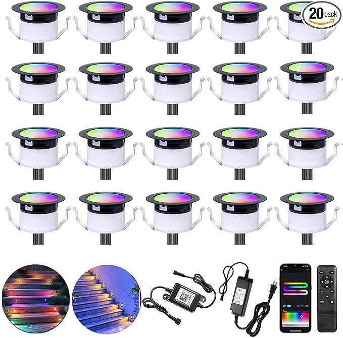 Sumaote LED Deck Lights Kit, 20 Pack 1.22" WiFi Smart RGBW+IC Multicolor | Recessed Low Voltage 12V IP67 Waterproof, App Control Dynamic Color Changing, for Outdoor Step Stair Garden Yard Landscape