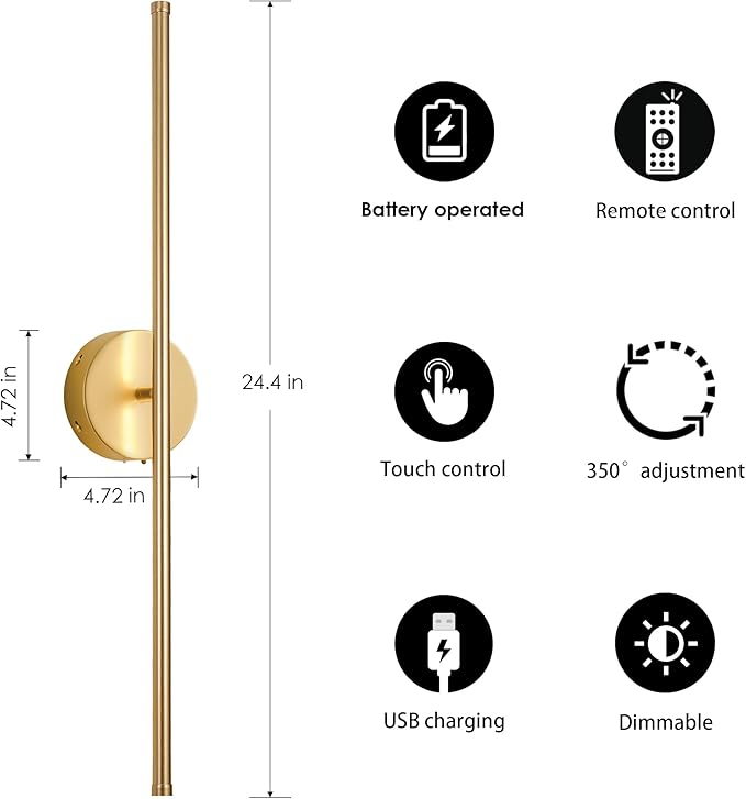 KARTOOSH Battery Operated Wall Sconces Set of Two Wireless Wall Lights | Rechargeable Wall Sconce with Remote 350°Rotate Dimmable 3000K LED Wall Lamp for Living Room, Bedroom