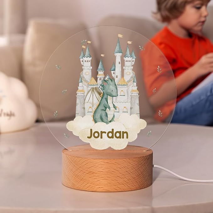 Personalized Dreamy Dragon LED Night Light Custom Name and Initial Night Light with Wooden Base Nursery Decor Gift for Kids