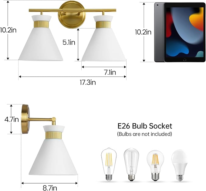 WOSHITU Gold Bathroom Light Fixtures: Modern Vanity Lighting Fixtures 2 Lights for Bathroom Mid Century Vanity Light Sconces Over Mirror with Frosted Milky Glass for Bath Bedroom Makeup