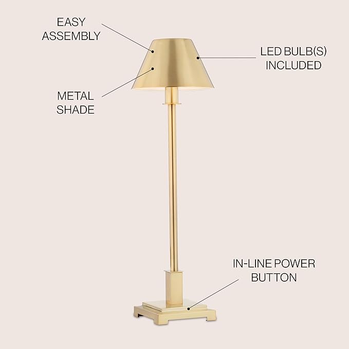 JONATHAN Y Roxy Slim Modern LED Table Lamp Metal 26", Brushed Brass Gold | Empire Shade, Nightstand Buffet Desk Lighting For Living Room Office, Rotary Socket Switch, Silk Cord, LED Bulb Included