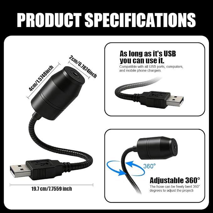 Ultra-High-Definition Car Projection – Galaxy Night Light Projector, USB Starry Sky Lamp with 360° Gooseneck & Dimmer for Bedroom, Ceiling Decor