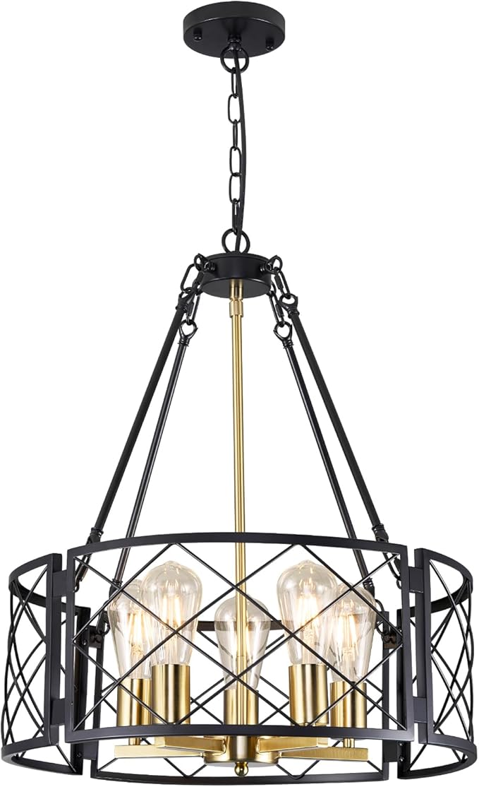 21'' Farmhouse Chandelier, 5-Light Black and Gold Dining Room Light Fixture Over Table, Rustic Industrial Drum Hanging Pendant Lights Fixture for Kitchen Island Living Room Bedroom Hallway Entryway