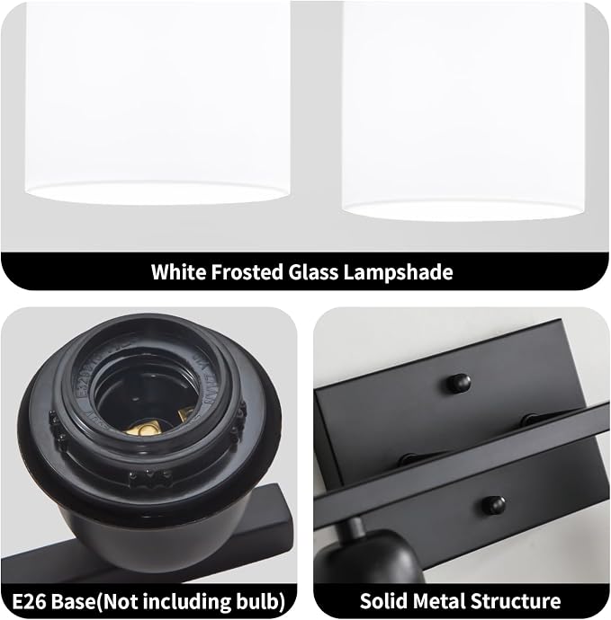 Bath Vanity Lights for Mirror, Restroom Lights Fixtures with Milky White Frosted Glass Shades,Bathroom Over Sink Light Fixtures (Black & Milky White Glass, 2-Light)