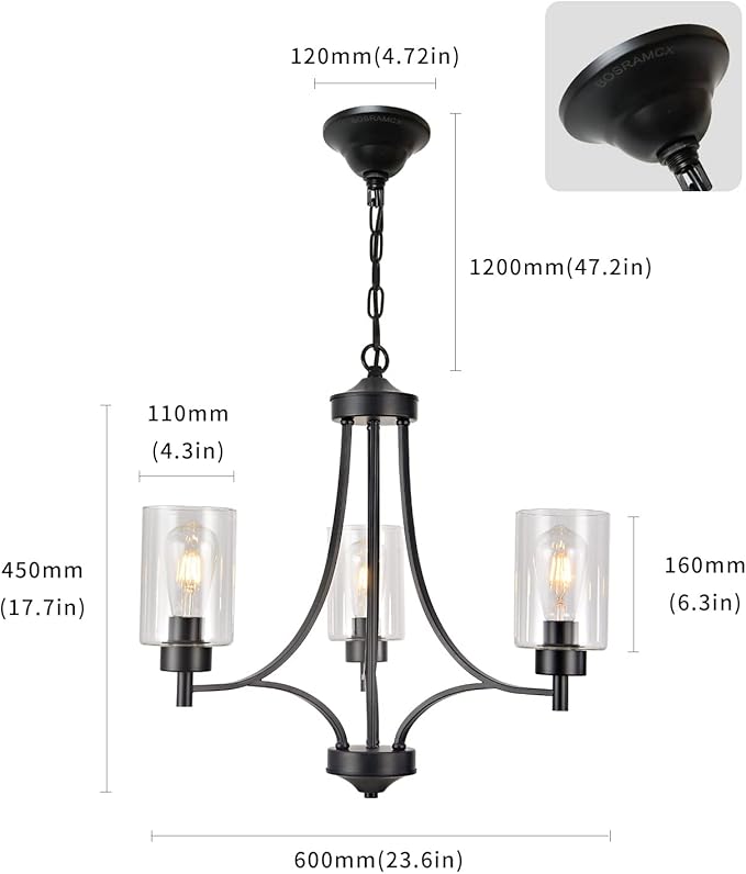 BOZO 3 Lights Black Chandeliers for Dining Room Light Fixture Over Table, Entryway Chandelier for Foyer, Hallway Lighting Fixtures with Glass Shade for Dining Room Kitchen Island Foyer Hallway