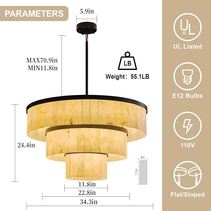 D34.3 Round Alabaster Chandelier, 3-Tier Brass Marble High Ceiling Chandeliers, Modern Dining Room Chandeliers Living Room Light for Entryways, Foyer, Stair, Kitchen Black(Include Bulbs)