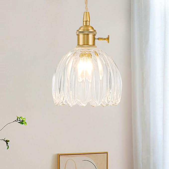 2 Pack Plug in Pendant Light Fixtures, Hanging Light Fixture Vintage Glass Pendant Light, Mini Transparent Tulip Hanging Lamp, Pendant Lighting for Kitchen Island, Bedroom, Dining Room, Living Room