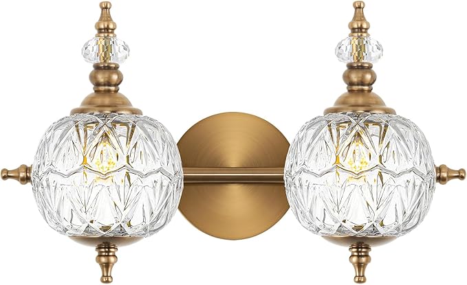 Brushed Gold Bathroom Vanity Light Fixture Vintage Style - 2 Light G9 Bulb Compatible, 17" Wide Bathroom Lighting Over Mirror with Hand-Etched Glass Shades, Easy Mount for Makeup Area