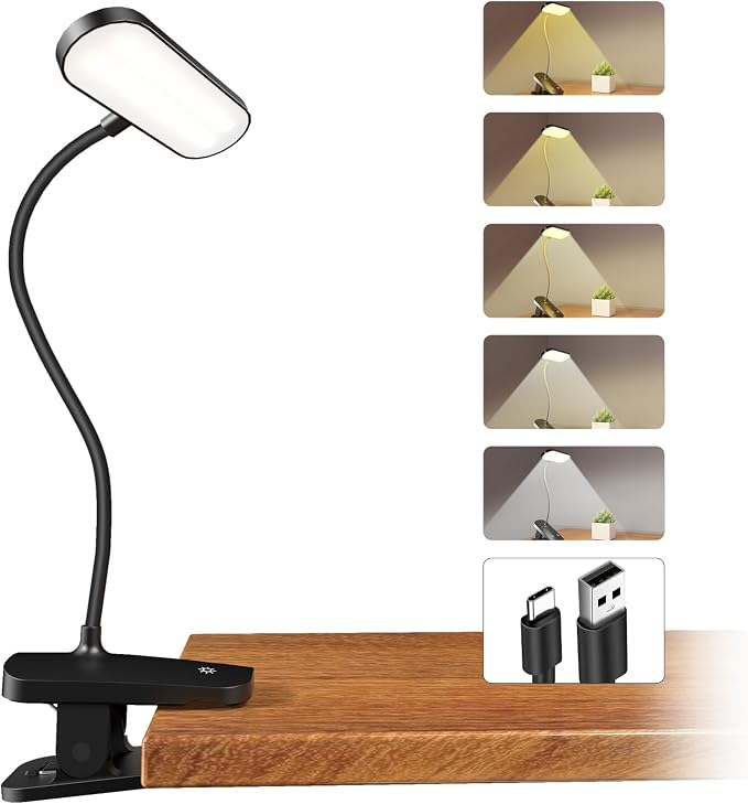 CUHIOY Rechargeable Clip on Light, Bed Headboard Reading Lamp, Black | Portable Cordless Battery-Operated USB-C, 5 Colors 5 Brightness Goose-Neck, Flicker-Free Clamp Desk Dorm Bunk Bed Light