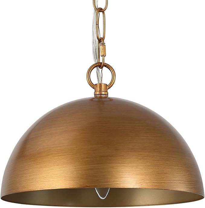 LALUZ 10" Large Dome Pendant Light, Antique Brushed Gold Pendant Lights Kitchen Island Modern Metal Adjustable Hanging Light Fixtures for Dining Room Bedroom Hallway