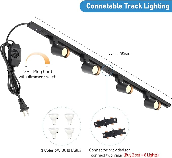 3-Color Plug in Track Lighting with Power Cord, 4-Light Black | 13FT Dimmable Plug Cord | GU10 Track Lighting Kit with 32" Rail | Kitchen LED Track Lighting Fixtures Ceiling Wall Spot Light