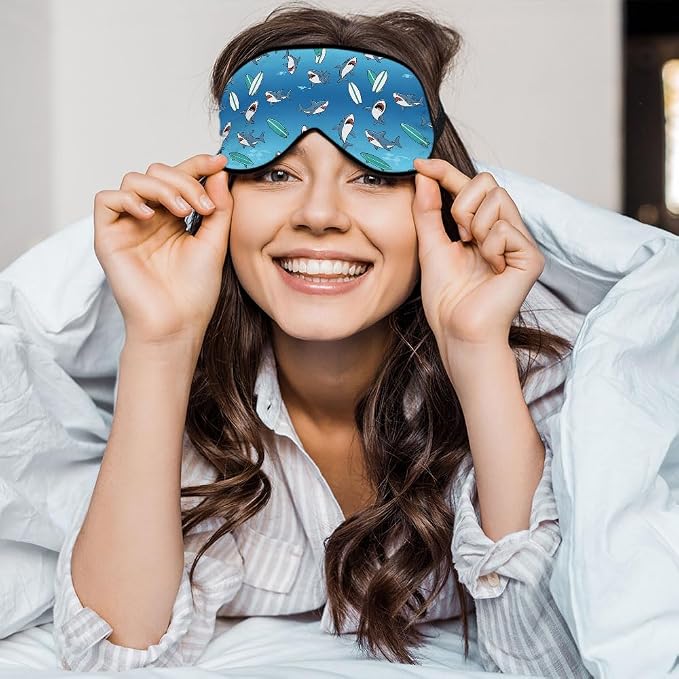 Blue Sharks Sleep Mask Eye Mask Ocean Sea Animal Fish Marine Funny Cute Wildlife Surfboard Sleep Mask Light Blocking Adjustable Smooth Soft for Women Deep Rest Travel