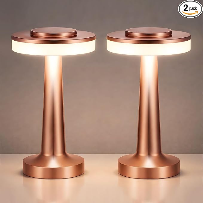 Riakrum 2 Pcs Rose Gold LED Portable Cordless Table Lamp Bulk with Touch Sensor 3 Color Stepless Dimming Rechargeable Battery up to 15 Hours Cordless Table Light Wireless Lamp Wedding Home