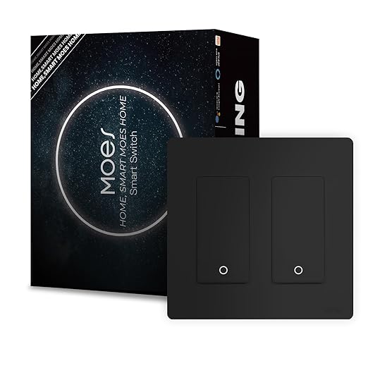 MOES Star Ring WiFi Smart Light Switch, Alexa Google No Hub, Black 2 Gang | Star Ring Night Guide Glow, 2.4GHz WiFi No Hub Required, Smart Life App, Timer Away Mode, Single Pole Neutral Wire 10A