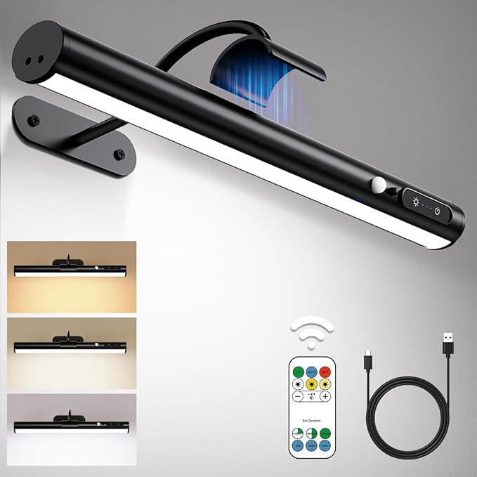 Hapfish Motion Sensor Battery Operated Wall Sconce,Wireless Picture Lights | Rechargeable Magnetic Art Lighting with Remote Control, Battery Picture Light for Wall Poster Dartboard Mirror - Black