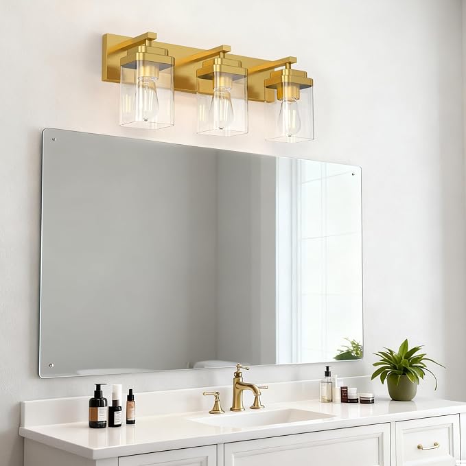 Brushed Gold Bathroom Light Fixtures, 3 Lights Bathroom Lighting Fixtures Over Mirror, Square Design & Rectangle Large Backplate, Modern Vanity Lighting Fixtures, for Living Room/Bedroom