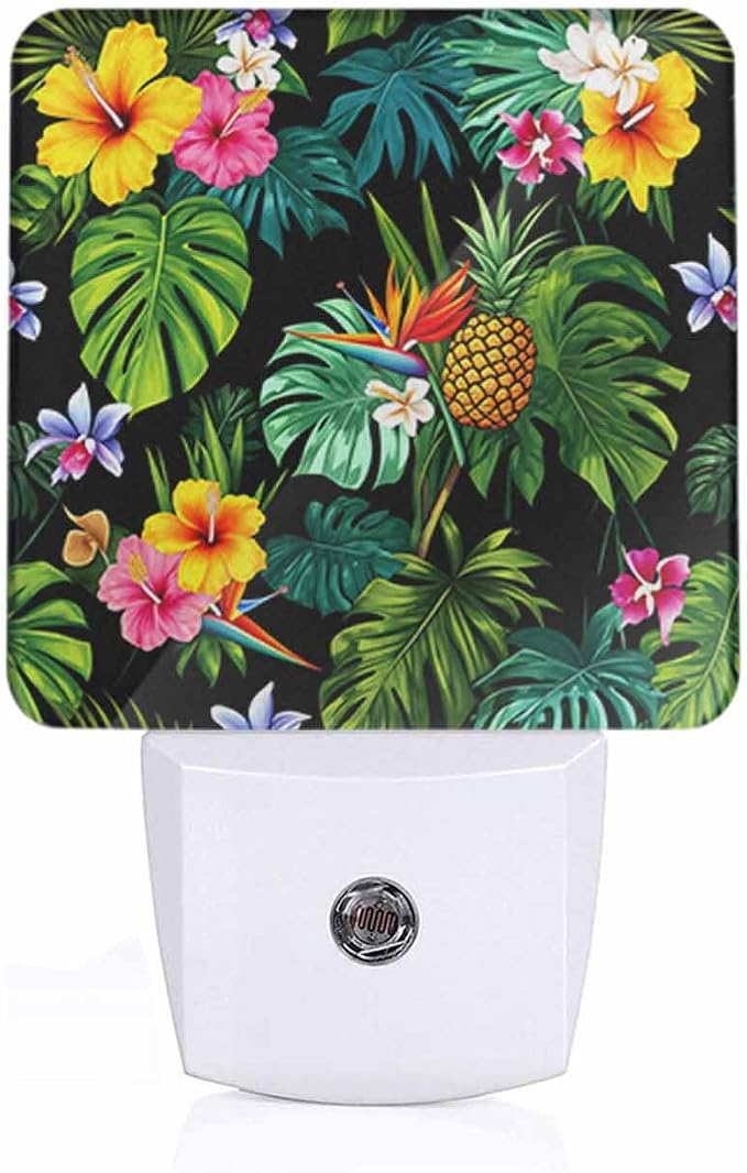 Pineapple Night Light Tropical Palm Leaves and Flowers 0.5W Night Lights Auto LED Lamp Energy Saving Square Lights for Room Bedroom Bathroom