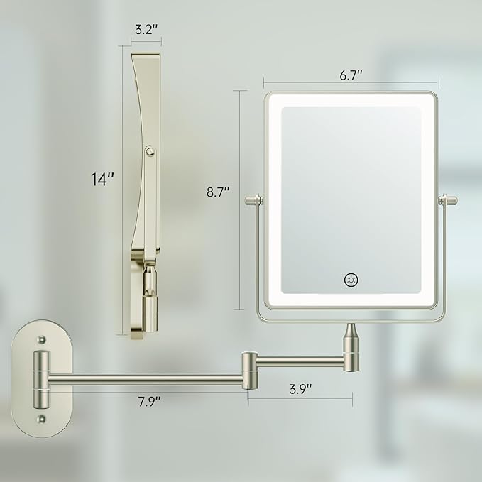 FASCINATE Rechargeable Wall Mounted Makeup Mirror with Lights, Bathroom Mirror Rectangle 8.7" Double Sided Touch Switch 1X 10X Magnifying Mirror with 3 Color Setting Extended Arm 360° Swivel Foldable